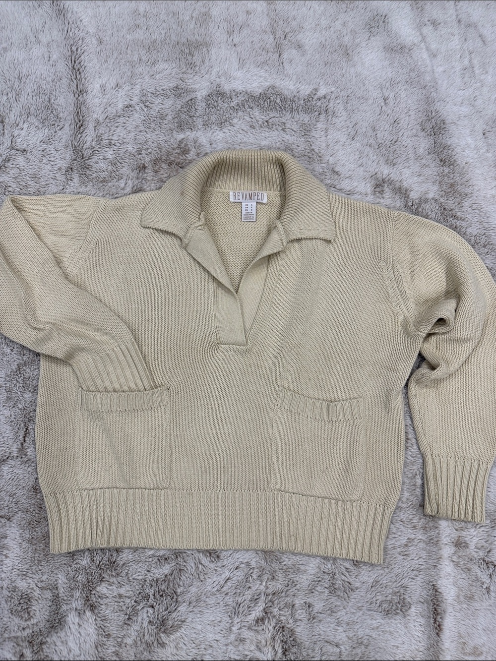 Revamped Women's Beige V-Neck Collar Knit Sweater
